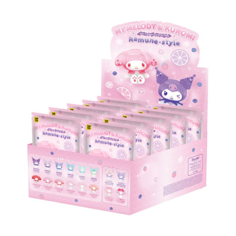 Top Toy – My Melody & Kuromi Ramune - Style Mini Figures Surprise Blind Bags (3pcs per Pack / 10 - Pack Display Wholesale) - Mystery Kawaii Co.
