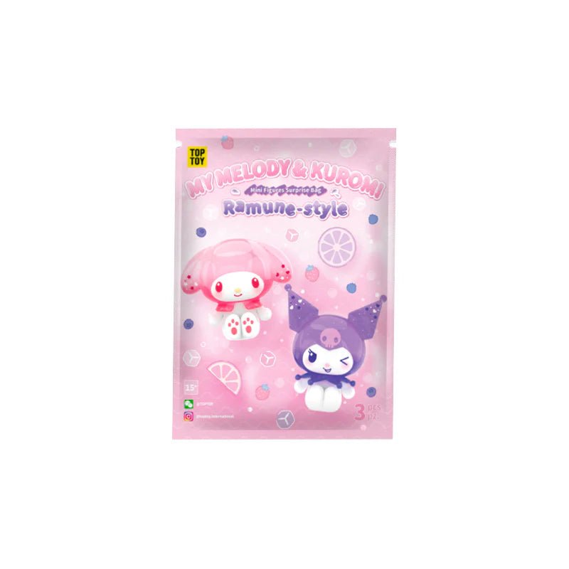 Top Toy – My Melody & Kuromi Ramune - Style Mini Figures Surprise Blind Bags (3pcs per Pack / 10 - Pack Display Wholesale) - Mystery Kawaii Co.